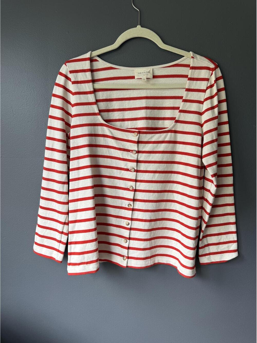 Sézane Red and Cream Stripe Button Front Cotton Top, Size M